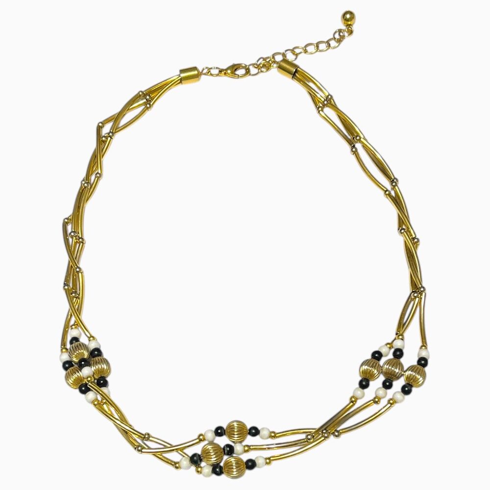 Vintage Gold Tone Twist Necklace Tube Bar Textured Beads Multi Strand Collar